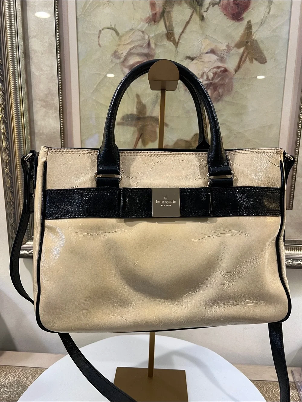 kate spade Cream & Black Patent Leather Satchel with Bow Detail - Rehab Project